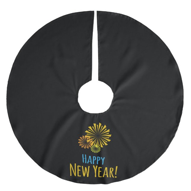 Happy New Year Fireworks on Black Brushed Polyester Tree Skirt (Front)