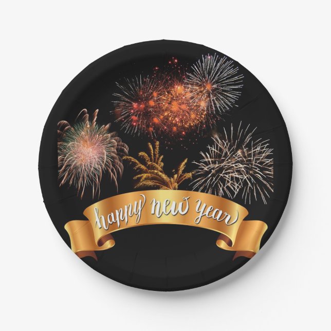 Happy New Year Fireworks Paper Plates (Front)
