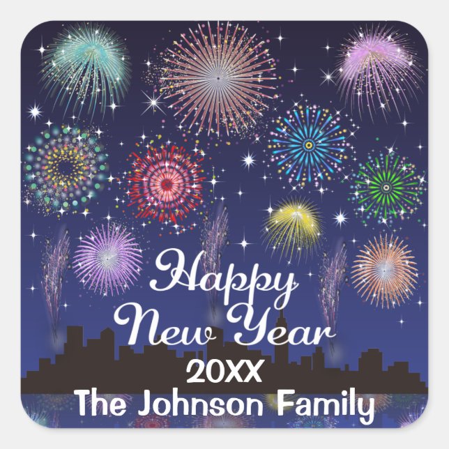 Happy New Year Fireworks Square Sticker (Front)