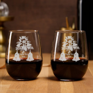 Happy New Year Floral Bells Stemless Wine Glass