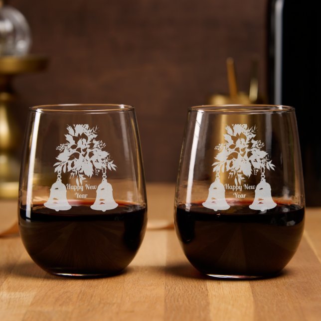  Happy New Year Floral Bells Stemless Wine Glass (Party)