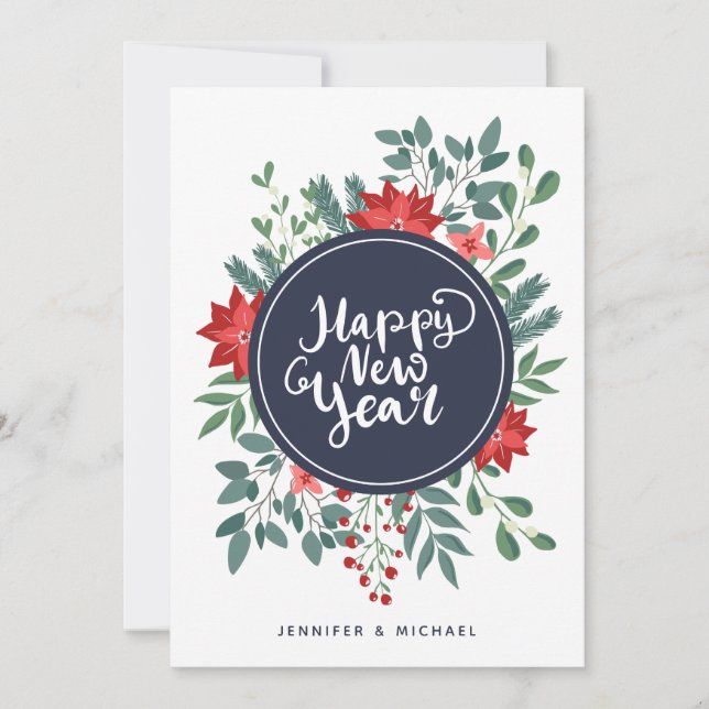 Happy New Year Floral | Photo Holiday Card (Front)