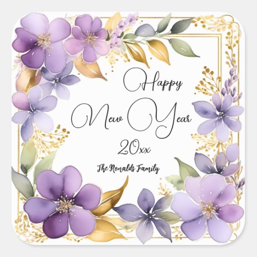 Happy New Year Floral Watercolor Square Sticker