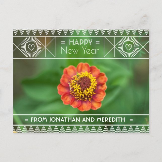 Happy New Year Flower Green Orange Floral Art Deco Postcard (Front)