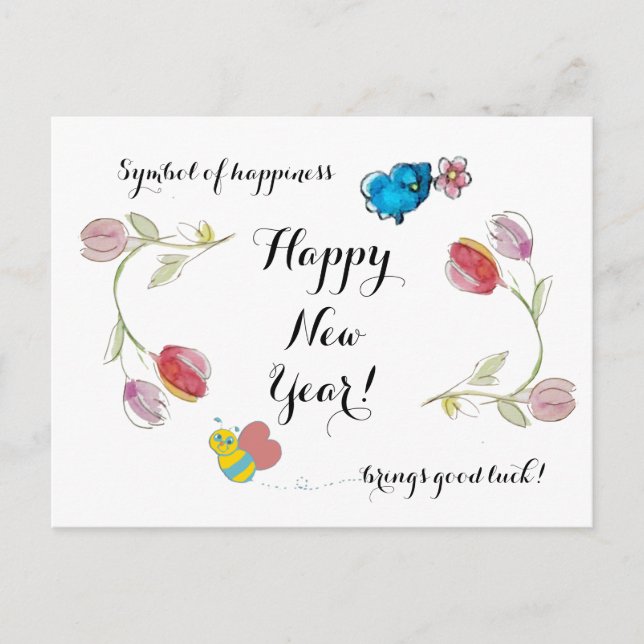 Happy New Year Flowers and Symbol of Happiness Postcard (Front)