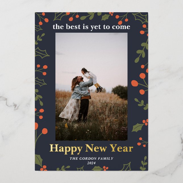 Happy New Year Foil 1 Photo Foliage Botanical Holiday Card (Front)