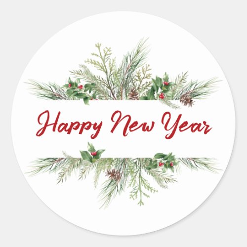 Happy New Year Framed Winter Wheath Greeting Classic Round Sticker