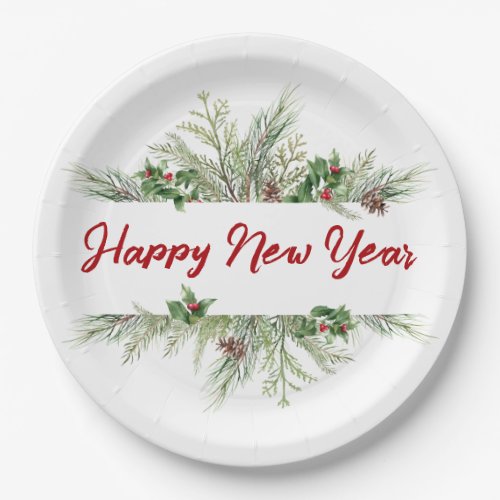 Happy New Year Framed Winter Wheath Greeting Paper Plates