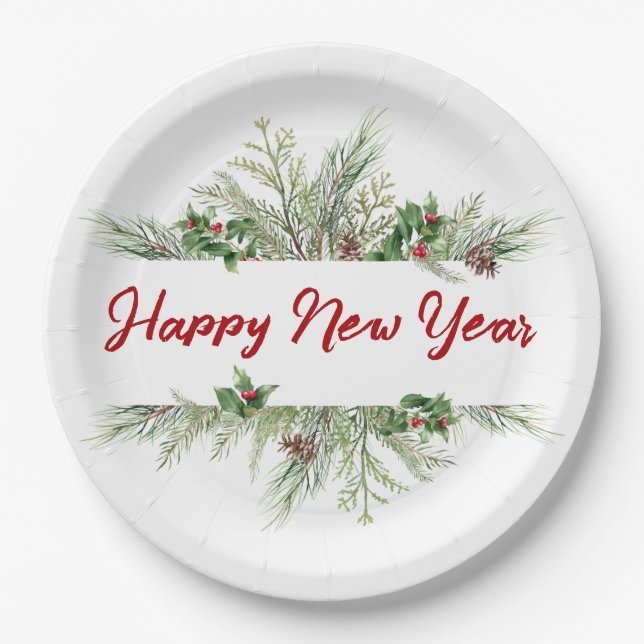 Happy New Year Framed Winter Wheath Greeting Paper Plates (Front)