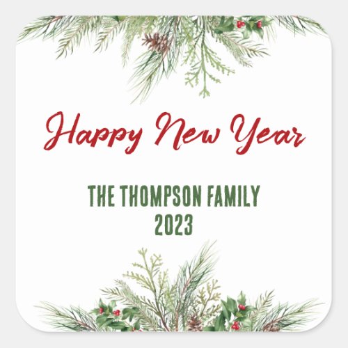 Happy New Year Framed Winter Wheath Greeting Square Sticker