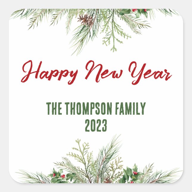 Happy New Year Framed Winter Wheath Greeting Square Sticker (Front)