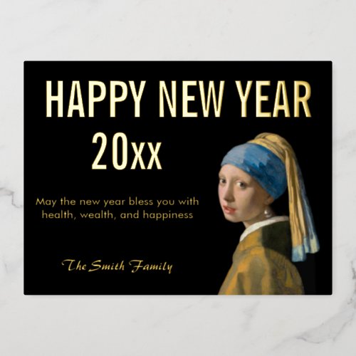 Happy New Year from Girl with a Pearl Earring Foil Holiday Postcard