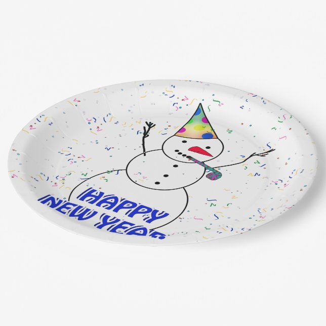 Happy New Year from the Celebrating Snowman Paper Plates (Angled)