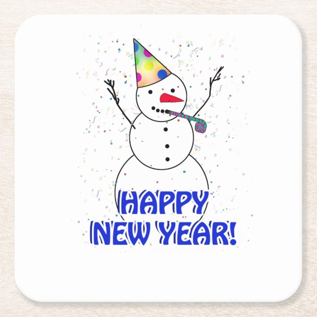 Happy New Year from the Celebrating Snowman Square Paper Coaster (Front)