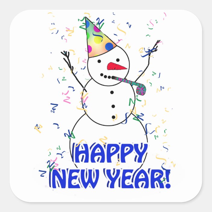 Happy New Year from the Celebrating Snowman Square Sticker | Zazzle.com