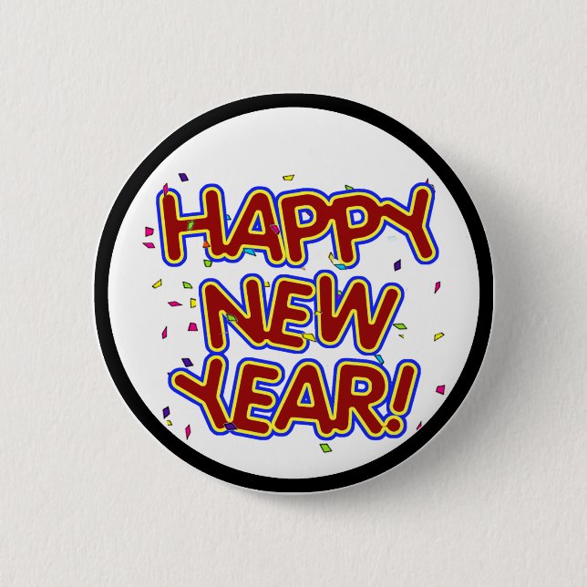 Happy New Year - Fun Red Text With Confetti Button (Front)