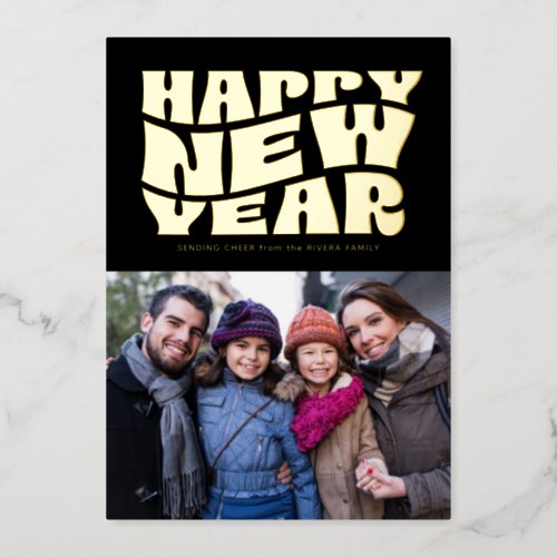 Happy New Year funky fun retro black gold photo Foil Holiday Card