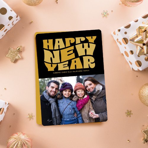 Happy New Year funky fun retro black gold photo Holiday Card