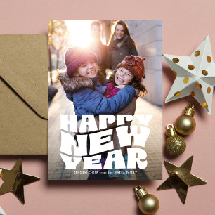Happy New Year funky fun retro family photo Holiday Card