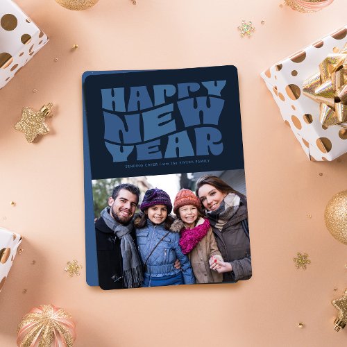 Happy New Year funky fun retro navy photo Holiday Card