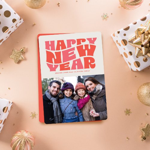 Happy New Year funky fun retro red photo Holiday Card