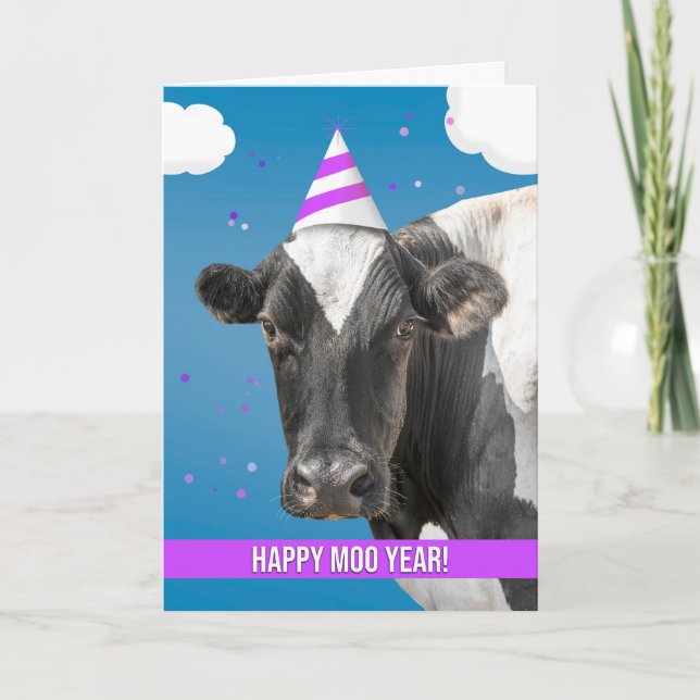 Happy New Year Funny Cow Wearing Party Hat Humor  Holiday Card (Front)