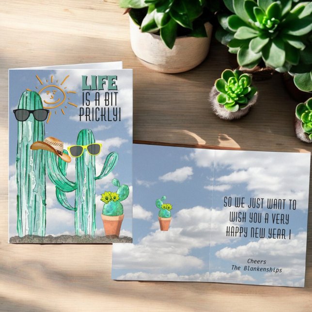 Happy New Year Funny Southwest Saguaro Cactus Holiday Card (fun cactus greeting card cover and inside template)