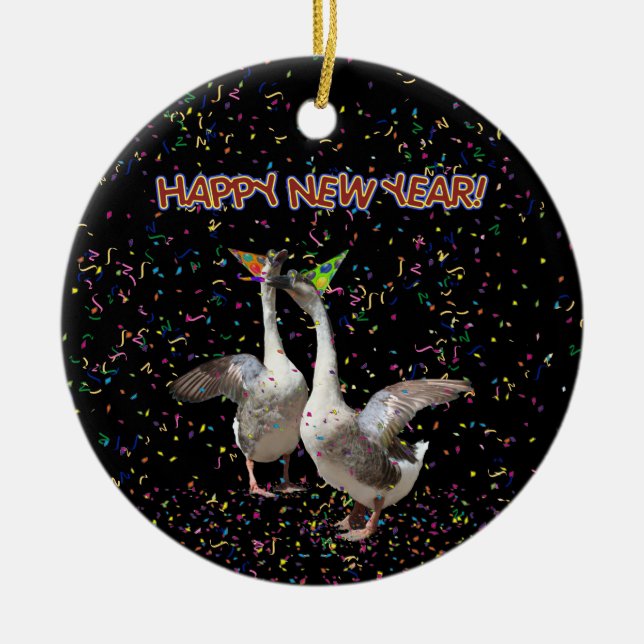 Happy New Year Geese Ceramic Ornament (Front)