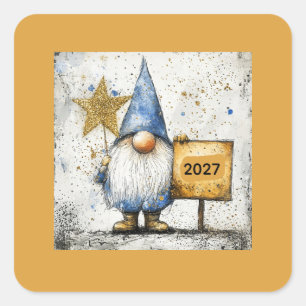 Happy New Year Gnome, 2027, Square Sticker