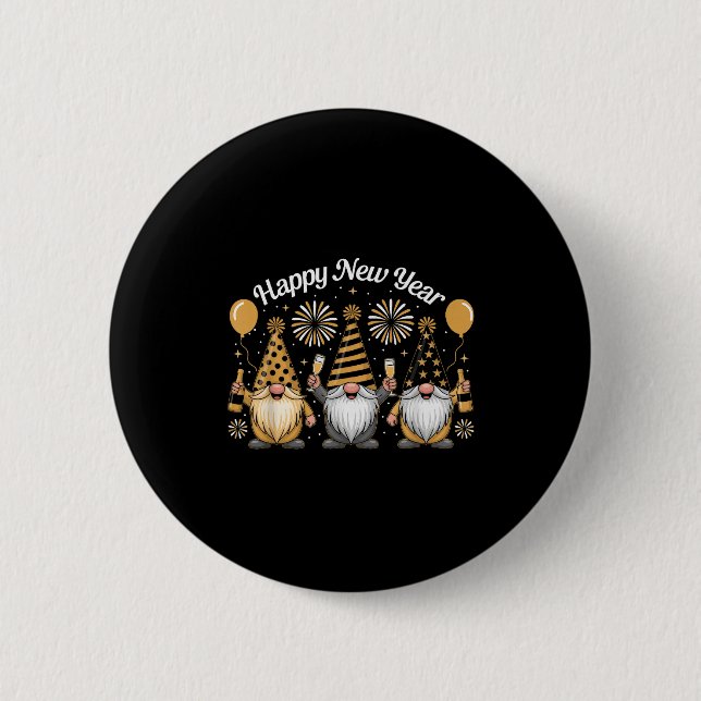 Happy New Year Gnome Confetti Fireworks New Year's Button (Front)