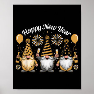 Happy New Year Gnome Confetti Fireworks New Year's Poster