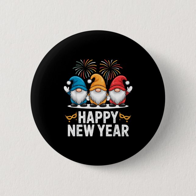 Happy New Year Gnomes For Party Lovers And Festive Button (Front)