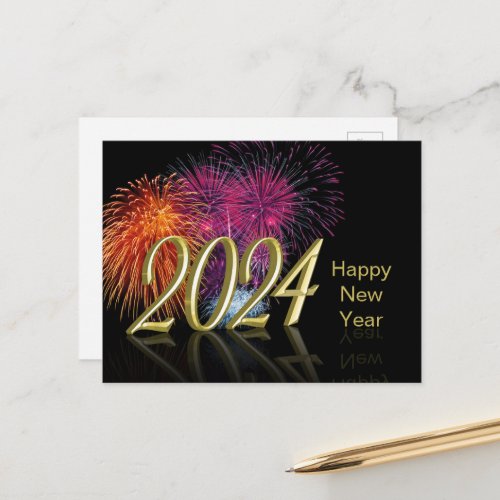 Happy New Year Gold 2024 Fireworks Holiday Postcard