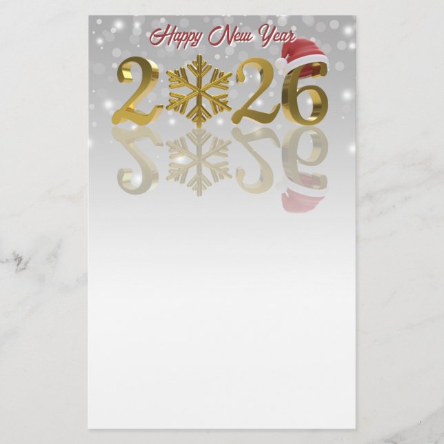 Happy New Year Gold 2026 | Santa Hat and Snowflake Stationery (Front)