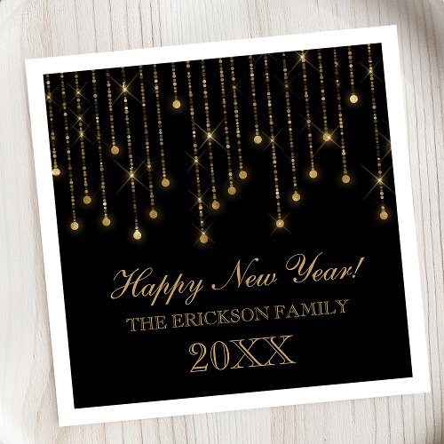 Happy New Year Gold and Black String Lights Custom Napkins