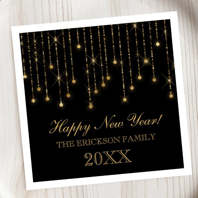 Happy New Year Gold and Black String Lights Custom Napkins (Creator Uploaded)