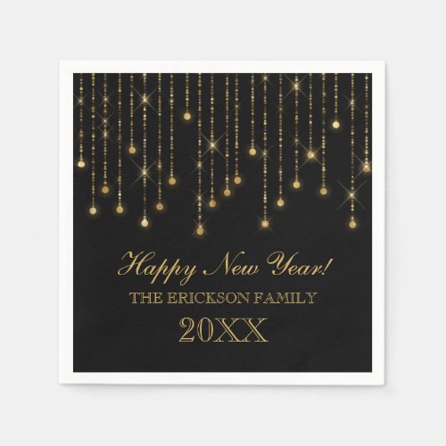 Happy New Year Gold and Black String Lights Custom Napkins