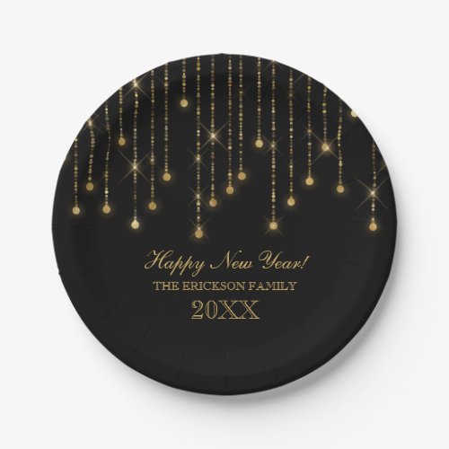 Happy New Year Gold and Black String Lights Custom Paper Plates