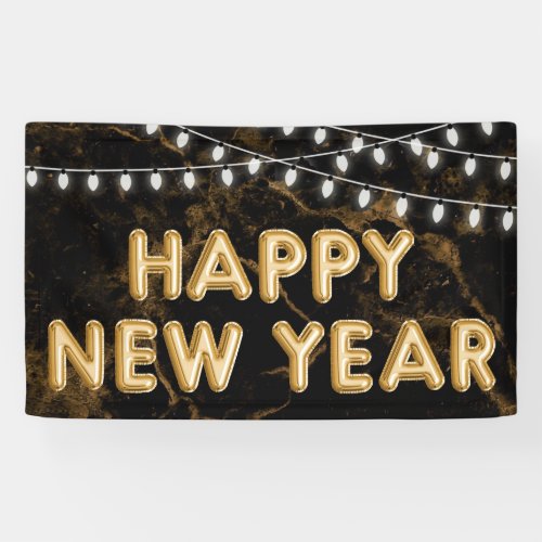 Happy New Year Gold  Black Balloon Lights Banner