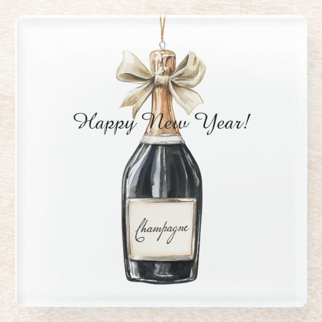 Happy New Year Gold Black Champagne Bottle Glass Coaster (Front)