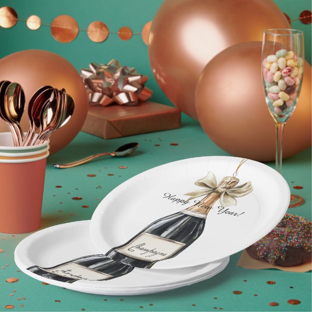 Happy New Year Gold Black Champagne Bottle Paper Plates (Multi)