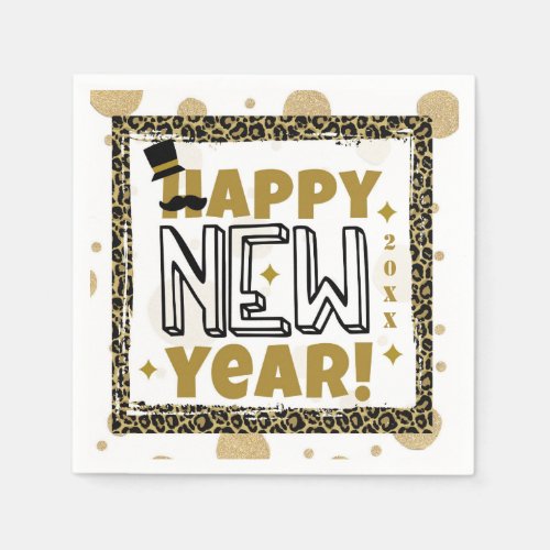 Happy New Year Gold Black Leopard Print Napkins