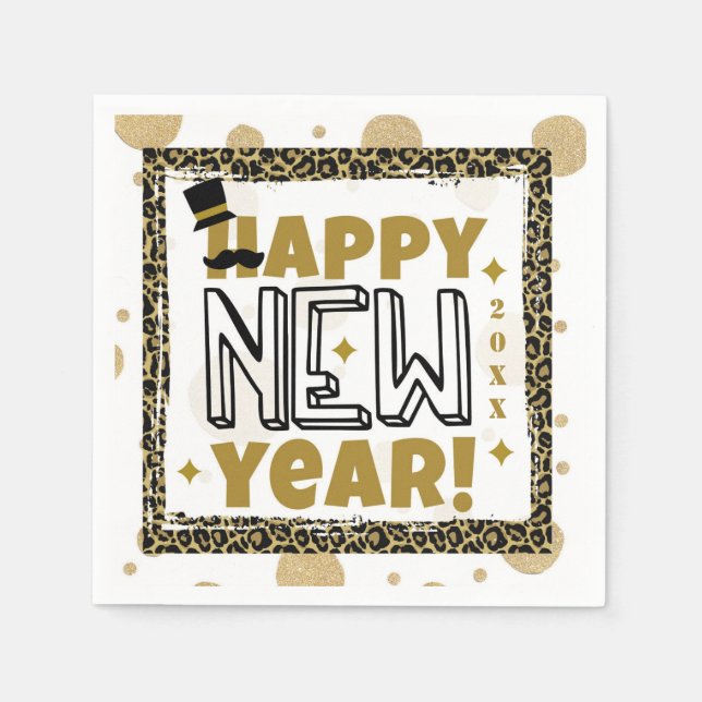 Happy New Year Gold Black Leopard Print Napkins (Front)