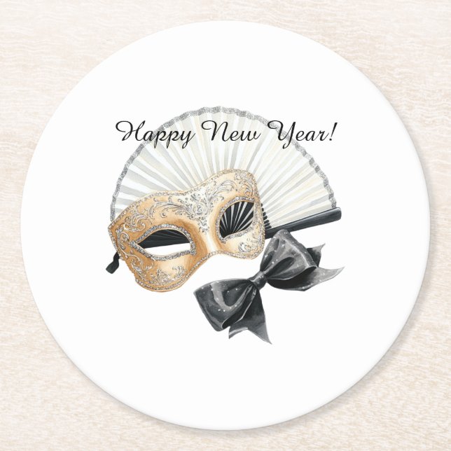 Happy New Year Gold Black Mask Round Paper Coaster (Front)