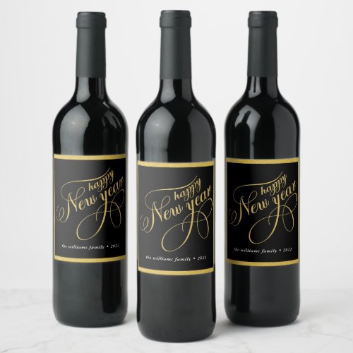 Happy New Year Gold  Black Typography Wine Label