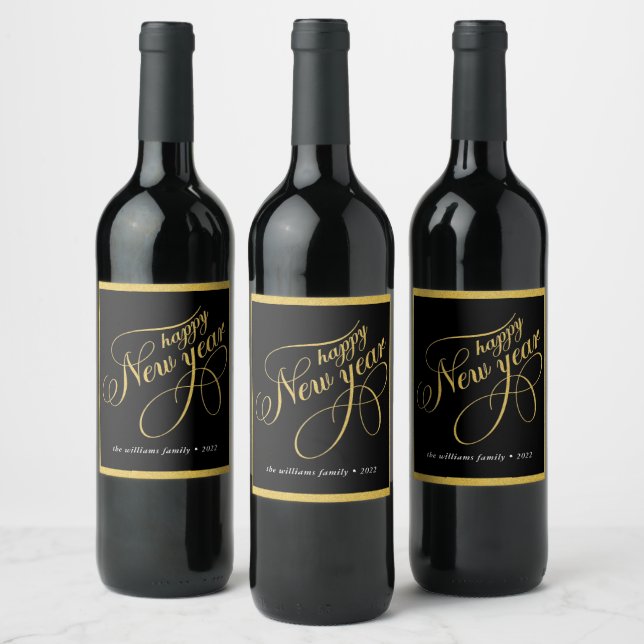 Happy New Year Gold & Black Typography Wine Label (Bottles)