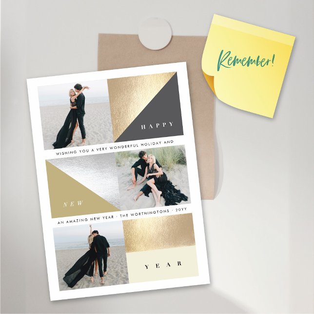 Happy New Year Gold Blocks 3 Photo Magnetic Card (Happy New Year Stylish Faux Gold / Silver Foil Blocks 3 Photo Magnetic Card @ fat_fa_tin)
