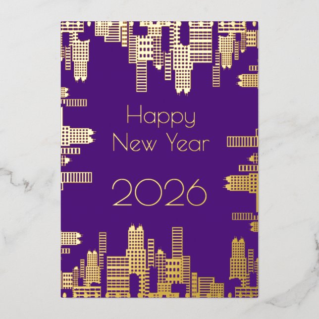 Happy New Year - gold buildings Foil Holiday Card (Front)