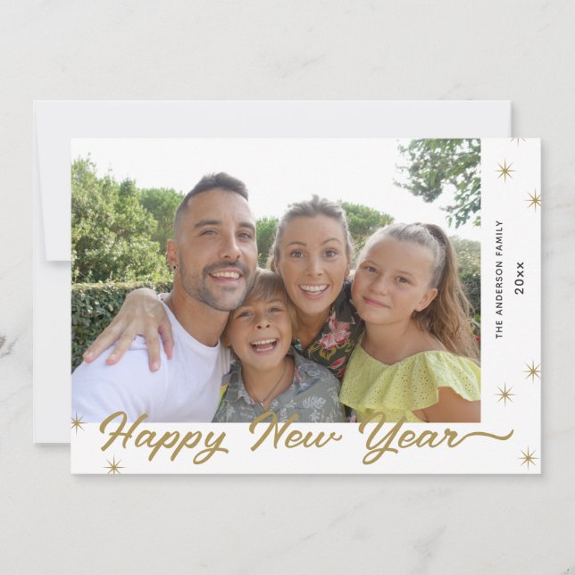 Happy New Year Gold Calligraphy Photo Holiday Card (Front)