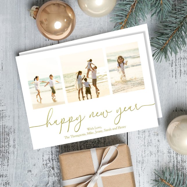Happy New Year Gold Calligraphy Photo Holiday Card (Happy New Years photo cards with gold calligraphy script. )